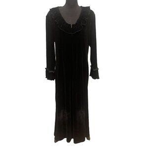Vintage Fenucci black velvet ruffle maxi dress housecoat goth wednesday long